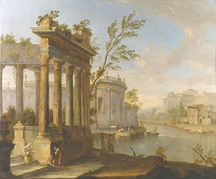 A Capriccio Landscape with Figures and Classical Ruins by a River by Willem Van der Hagen