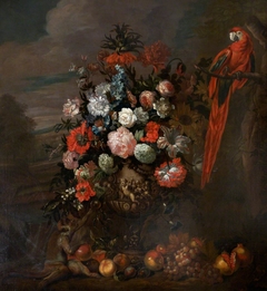 A Figured Vase of Flowers with Monkey teasing a Parrot by Anonymous