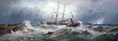 A French paddle tug bringing a barque into Boulogne harbour in heavy weather by Thomas Bush Hardy