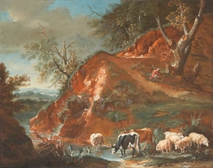 A Pastoral Scene with Cows and Sheep beside a Mountain Stream by Anonymous