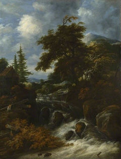 A Waterfall by a Cottage in a Hilly Landscape by Jacob Salomonsz van Ruysdael