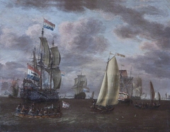 A Whaler and other Ships at Anchor before a Port by Abraham Storck