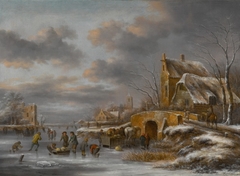 A winter landscape with figures skating on a frozen river by Nicolaes Molenaer