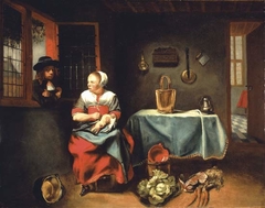 A Woman seated, plucking a Duck, in a Cottage interior by Nicolaes Maes