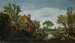 A WOODED RIVER LANDSCAPE WITH FIGURES ON A PATH ON A RIVER BANK BESIDE A VILLAGE, A BRIDGE BEYOND by Esaias van de Velde