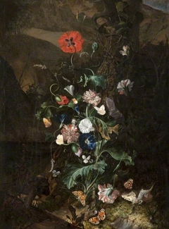 An Arrangement of Flowers by a Tree Trunk by Rachel Ruysch