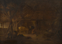 Barn interior with two peasants and a cow by Isaac van Ostade