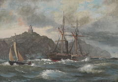 Coastal scene with ships and a lighthouse. by Carl Frederik Sørensen