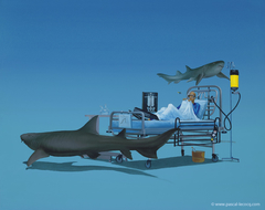 CURE FOR APNEA- by PascalCURE FOR APNEA - oil on canvas by Pascal Lecocq, The Painter of Blue ®, 16"x20", 2008, lec781, priv.coll. Balboa, Ca. Prints available © pascal lecocq. Fear the surgeon fish, not the nurse sharks… #nurse #shark #xray #iv by Pascal Lecocq