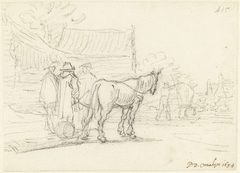 Drie mannen naast een paard en slede by Gerard ter Borch II