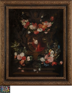 Flower wreath frames the virgin Mary by Daniel Seghers