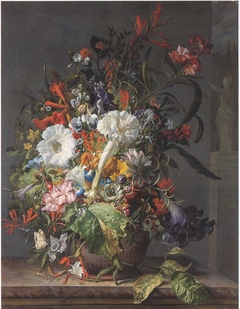 Flowers in a stoneware vase on a marble ledge by Rachel Ruysch