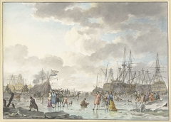 Frost Fair on a Frozen River with Ships by Hendrik Kobell