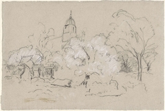 Gezicht op een dorpje met kerk verscholen achter enkele bomen by Egbert Rubertus Derk Schaap