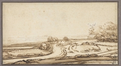 Glooiend landschap met weg en huis aan bosrand by Abraham Furnerius