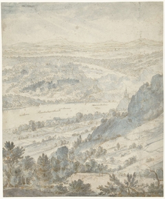 Heuvelachtig landschap met een dorp aan een rivier by Roelant Savery