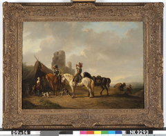 Heuvelig landschap met twee cavaleristen bij een tent van een marketentster by Wouterus Verschuur