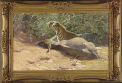 Koningstijger met geslagen Indische buffel by Wilhelm Kuhnert