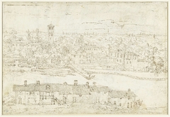 Landschap met gezicht op dorp aan rivier by Gaspard Dughet