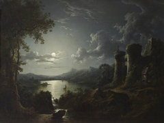 Moonlit River Landscape with a Monumental Gateway by Sebastian Pether