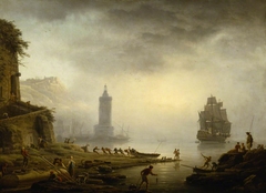 Morning: A Port in Mist - Fishermen hauling in their Boat by Joseph Vernet