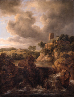 Mountainous landscape with a torrent and church by Jacob van Ruisdael