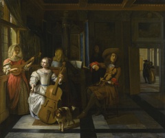 Musical company with a dog in an interior by Pieter de Hooch