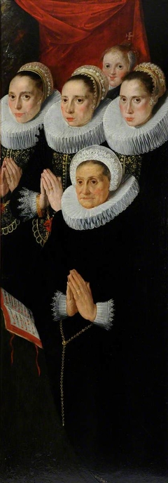 Part of Diptych (right): Saint Anne holding the Virgin as a Girl and the Christ Child and an Apple (recto); Five Female Donor Figures, dressed in Black with White Cuffs praying (verso) by Flemish School