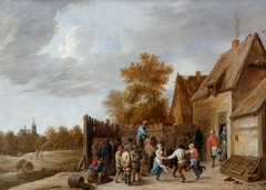 Peasants dancing outside a Tavern, with a Village Church in the distance by David Teniers the Younger