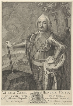 Portret van Willem IV, prins van Oranje Nassau, in wapenrusting met maarschalksstaf by Reinier Vinkeles