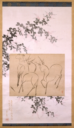 Preliminary Drawing of Three Deer Mounted on a Hanging-scroll Painting of Flowering Bush Clover by Ogata Kōrin