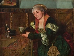 Reading lady in Renaissance dress by Harriet Backer