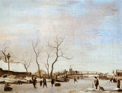 Rivière gelée avec patineurs et joueurs de hoquet by Adriaen van de Velde