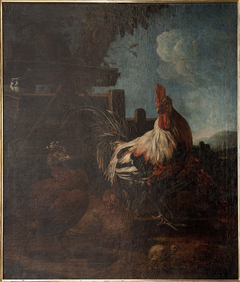 Rooster with hens and chickens by Melchior d'Hondecoeter