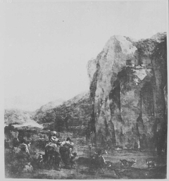 Shepherd watering cattle at the foot of a steep rock wall by Nicolaes Pieterszoon Berchem