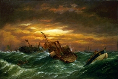 Shipwreck with a paddle tug towing a lifeboat in a gale by Richard Henry Nibbs