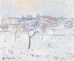 Snowy landscape at Eragny with an apple tree by Camille Pissarro