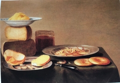 Still life of butter, cheese, bread, shrimp and biscuits by Floris van Schooten