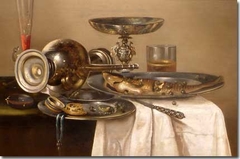 Still life of tazza, overturned decanter, fish, wine glass, beer glass and knife on a draped table by Isaac Wigans