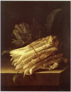 Still life with asparagus and artichoke by Adriaen Coorte