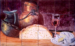 Still life with bread, cheese, wine and copper by José Angulo