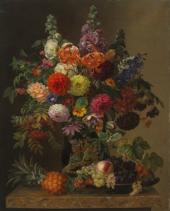 Still life with flowers and fruit by Johan Laurentz Jensen