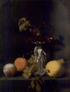 Still life with fruit and grapes in a silver Hercules tazza on a stone ledge by Pieter van den Bosch