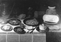 Still life with Jan Steen pitcher, salt cellar, and cheese on a laid table by Floris van Schooten