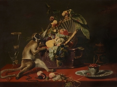 Still life with monkey seizing fruit from a basket with a parrot perched on top by Anonymous