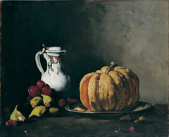 Still Life with Pumpkin, Plums, Cherries, Figs and Jug by Théodule Ribot