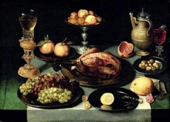 Still Life with Roast Chicken on a Laid Table with Grapes, a Bekerschroef, Tazza and Wine Flask by Peter Binoit