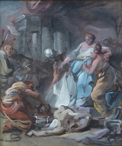 Tomyris, reine des Massagètes, fait tremper la tête de Cyrus dans un vase de sang by Jean-Simon Berthélemy