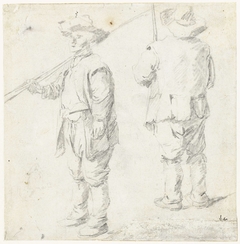 Twee schetsen van een staande man met een stok by David Teniers II