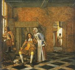 Two men and a young woman in a distinguished interior by Pieter de Hooch